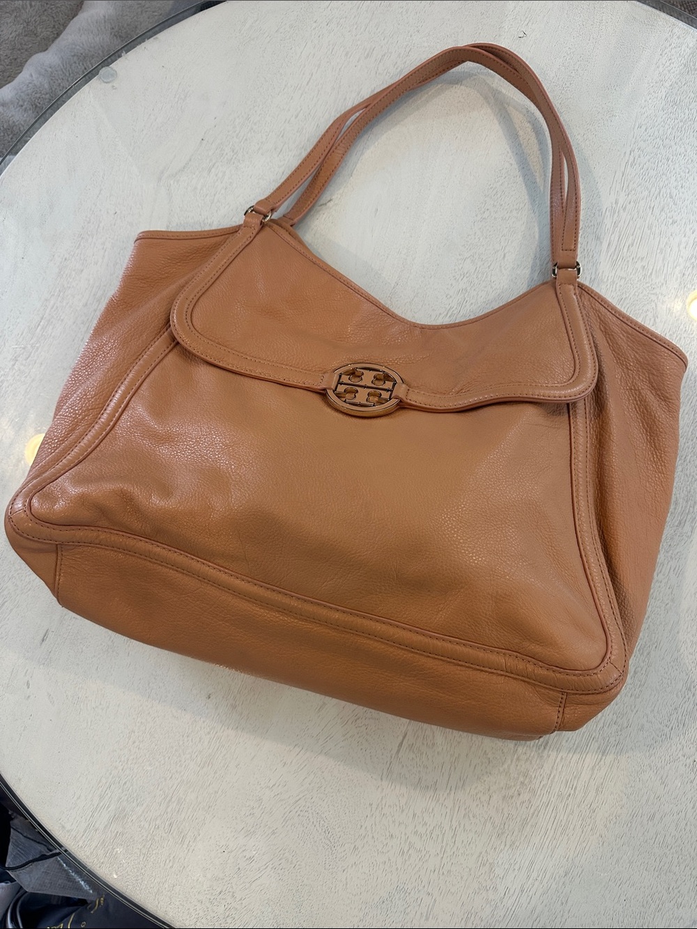 Tory Burch Tan Pebbled Leather Shoulder Bag with Logo Medallion